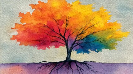 Obraz premium Colorful tree with vibrant leaves and roots. Colorful Tree of Life Four Seasons