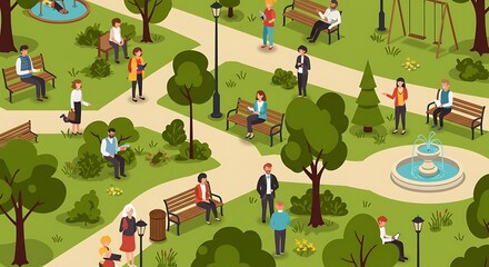 Colorful park scene with people enjoying leisure activities.