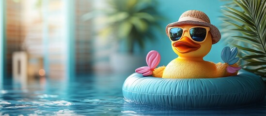 Cartoon rubber ducky on floatie with sunglasses & hat. Summer vacation vibe, teal background. Ideal for summer promotions, kids' products, cheerful designs.