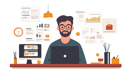 vector cartoon businessman working front laptop