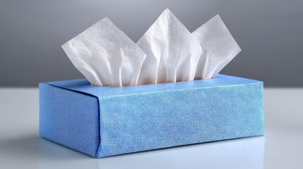 Tissue box with several tissues partially pulled out against a neutral background.