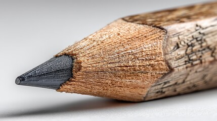 Close-up of a sharpened pencil tip on a neutral background.