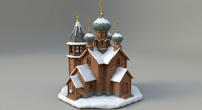 A small 3D model of a Russian Orthodox church with onion domes and snow-covered roofs