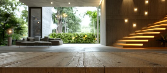 Modern home's wooden table; lush garden view, lit stairs