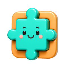 Obraz premium Smiling aqua puzzle piece character nested within a bright orange frame, a cheerful 3D digital art rendering.
