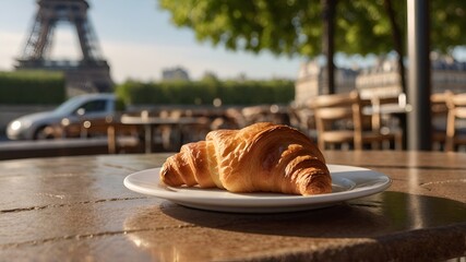 A delicious chocolate-filled croissant on a small round outdoor café table, delicious chocolate, chocolate 