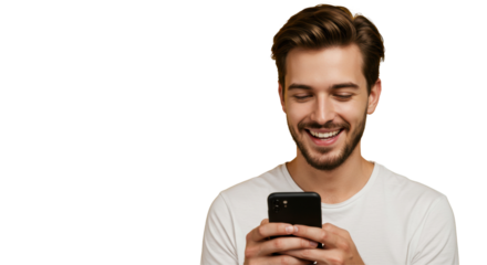 Young Man Using Smartphone Isolated on Transparent PNG Background – Casual Male Texting and Chatting, Ideal for Technology, Communication, Social Media, and Modern Lifestyle Illustrations