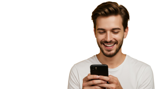 Young Man Using Smartphone Isolated on Transparent PNG Background – Casual Male Texting and Chatting, Ideal for Technology, Communication, Social Media, and Modern Lifestyle Illustrations - Powered by Adobe