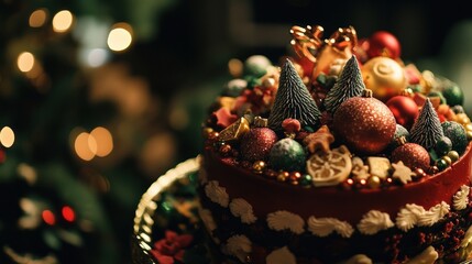 Festive Christmas cake, adorned with holiday decorations.
