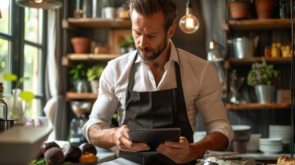 Focused cafe owner using tablet