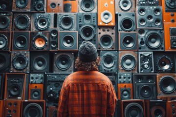 Person observing a wall of speakers in a studio