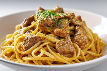 Delicious pasta dish with savory meat in a creamy sauce, garnished with fresh herbs. A comforting and flavorful meal.