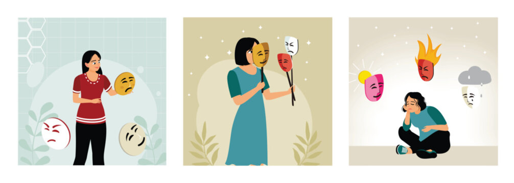 A woman with a mask of changing expressions of feelings.
