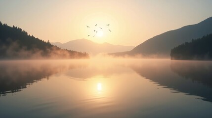 Obraz premium Tranquil Oasis: The Peaceful Awakening of a Mountain Lake