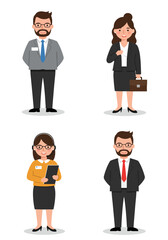 A minimal flat design set of 4 diverse office staff characters in different roles, standing on a white background, clean and modern style.