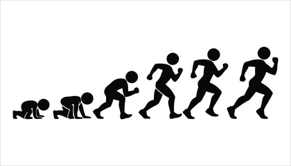 Evolution of Movement Vector. From Crawling to Running Stick Figure Silhouette. Growth and Progress Concept.