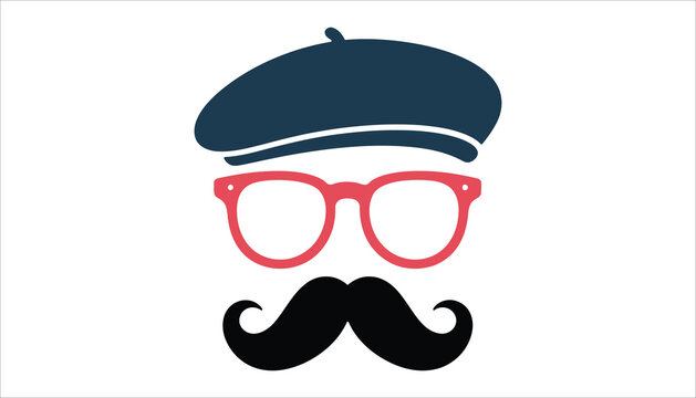 Hipster Face Vector. Mustache, Glasses, and Beret Icon.
Retro Gentleman Silhouette Design.