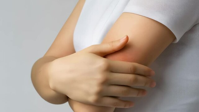Woman with skin irritation on arm. Red inflamed area on caucasian skin. Dermatological condition, allergic reaction, or insect bite. Medical symptom visualization.