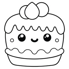 Cute Smiling Dessert Cartoon with Big Eyes in Black and White