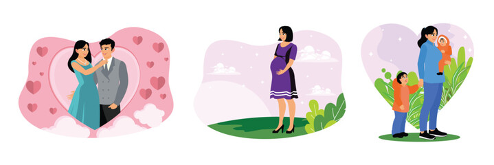 Newly married couples, pregnant women and a mother with her children in a happy atmosphere.