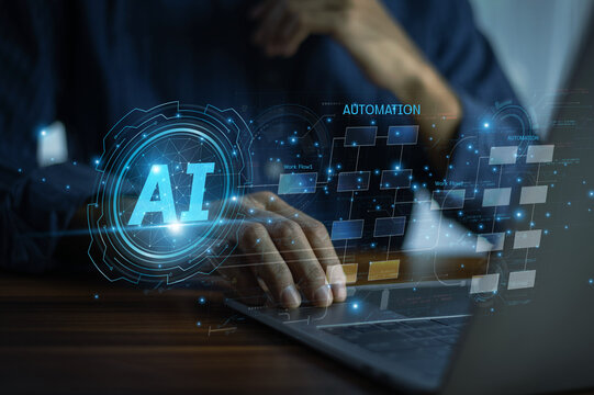 Businessman analyzing data using AI automation to improve operational workflow efficiency in a modern office