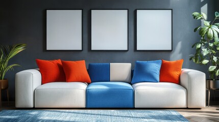 Modern living room interior design mock-up with colorful accents.