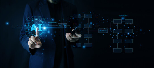 Smart businessman using AI automation tools to optimize processes and reduce manual workload in the...