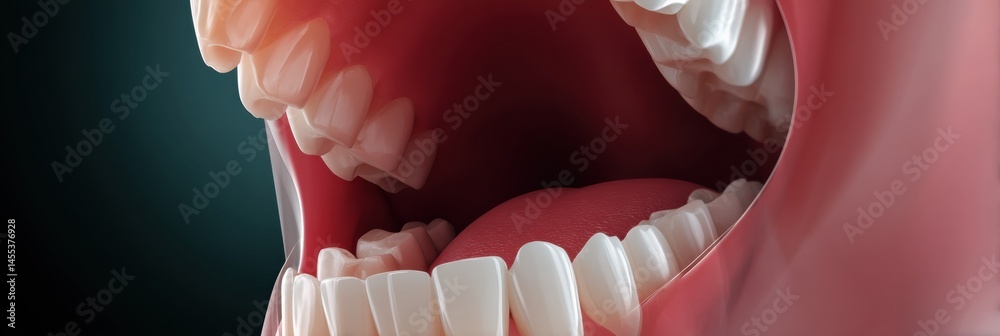 Poster Close View of an Open Mouth Displaying an Implant Beneath the Gumline in a High-Key Lighting Setup in a Clinical Environment Generative AI