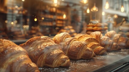 Freshly baked croissants in a bakery display case