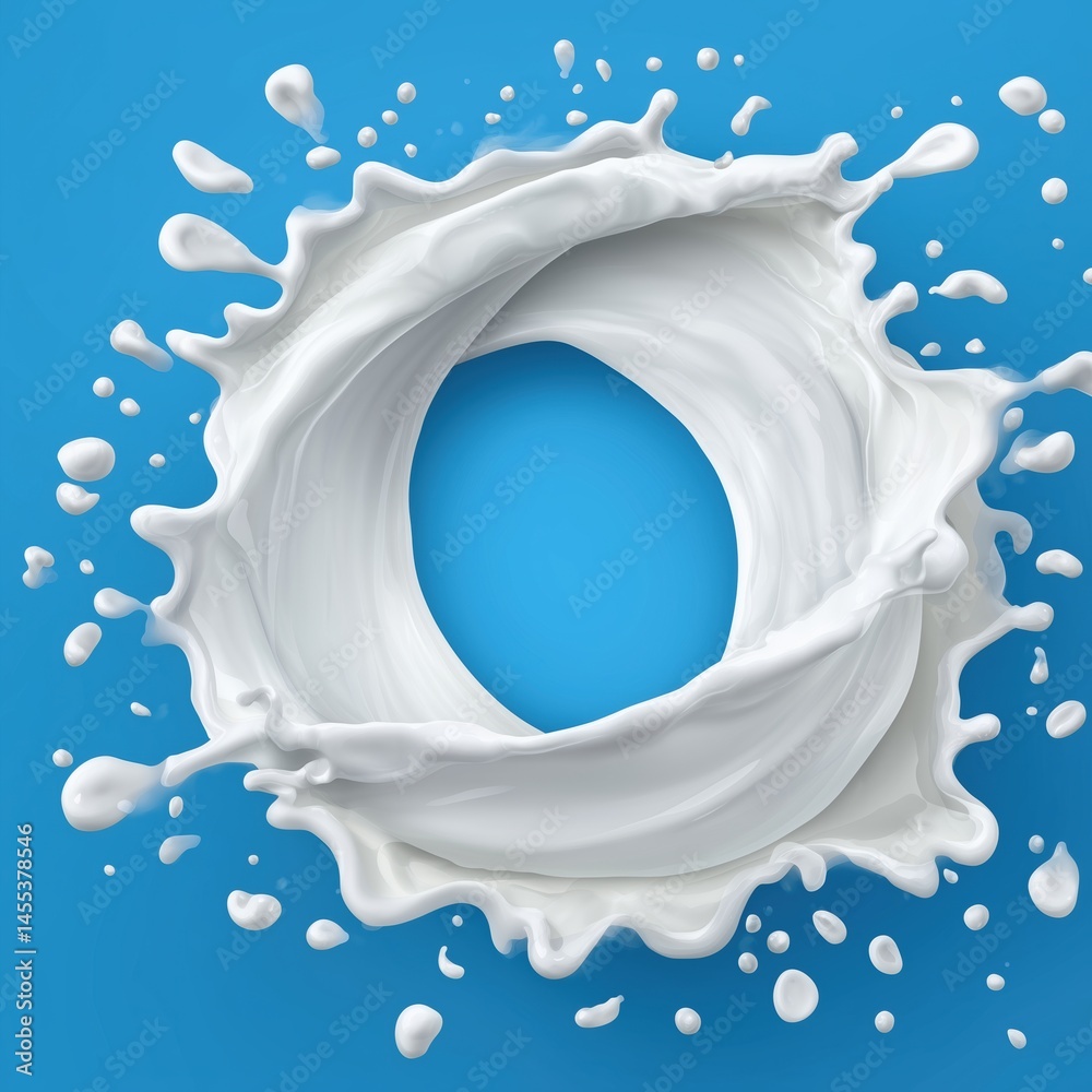 Poster Vector white milk splash forming letter O isolated on blue background with clipping path, top view. Abstract liquid shape design with clean space for text overlay, modern minimalist concept for brandi