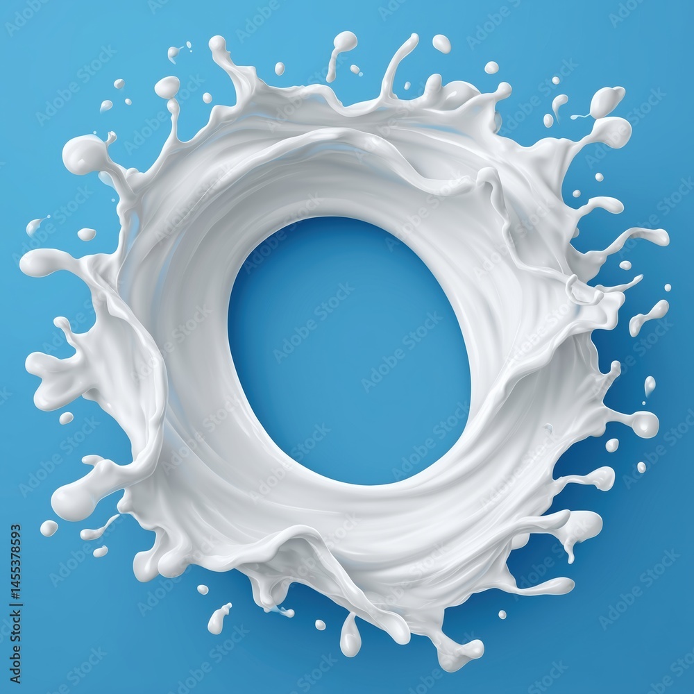 Poster Vector white milk splash forming letter O isolated on blue background with clipping path, top view. Abstract liquid shape design with clean space for text overlay, modern minimalist concept for brandi