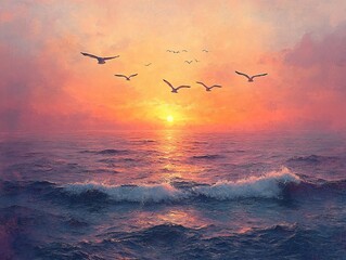 Impressionistic sunset seascape for peaceful backgrounds, inspirational quotes, or mindful content. Violet, orange, gold sky with seagulls evokes tranquility. Text-ready backdrop.