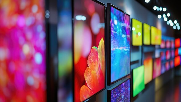 Colorful display screens showcasing vibrant images.  Close-up view of multiple panels, each showing a unique image with vivid color palettes