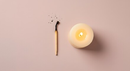 A top view of a lit candle with a burnt matchstick on a light pink background in a studio shot