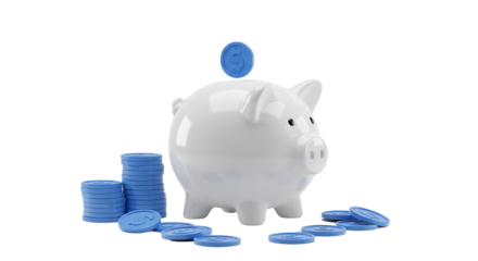 Saving Money with Piggy Bank and Coins on Transparent Background