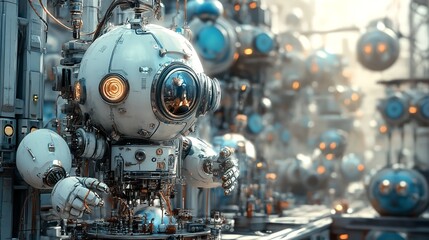 Tech-themed doodles with gadgets and robots in grey and blue

