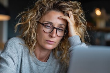 Stressed woman working on laptop