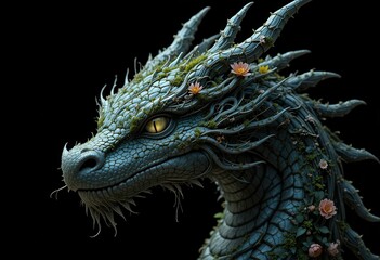 Dragon Head Profile with Moss and Flowers on Scales