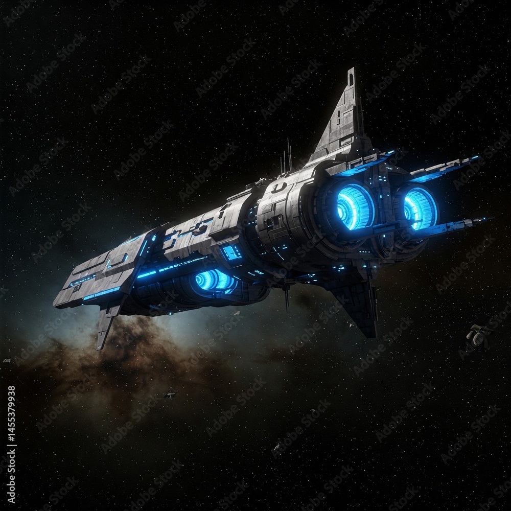 Wall mural futuristic spaceship with blue lights flying through space with stars in the background