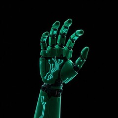 green robotic hand with glowing circuitry on black background 3d render