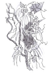floral decorative motif, graphic black and white pattern