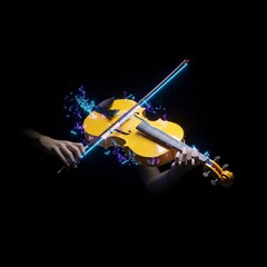 Fototapeta premium neon blue and pink light trails around a yellow violin played by a musician on a black background