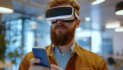 Bearded Man Using Virtual Reality Headset And Smartphone