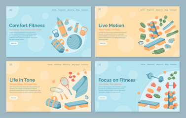 Colorful fitness banner design with gym and workout equipment set. Flat style set of health and exercise tools for training lifestyle templates. Perfect for sport backgrounds.