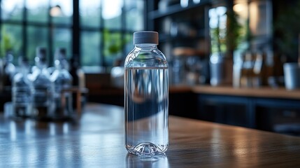 Refreshing Hydration: A Bottle of Water on a Cafe Counter