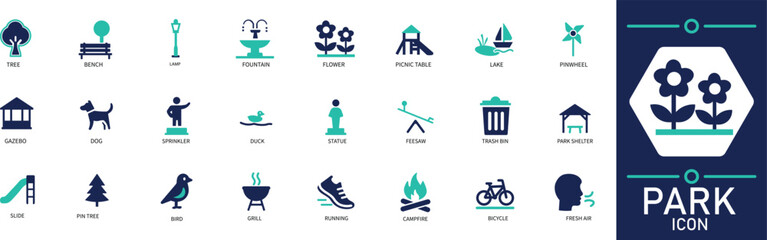  Flat vector icons representing park elements like trees, benches, nature, and outdoor activities.