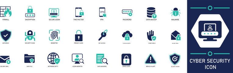 Flat vector icons representing cybersecurity, data protection, digital safety, and online threats.