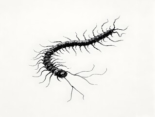 Fototapeta premium A detailed black and white illustration depicts a large centipede crawling gracefully on a plain white background.