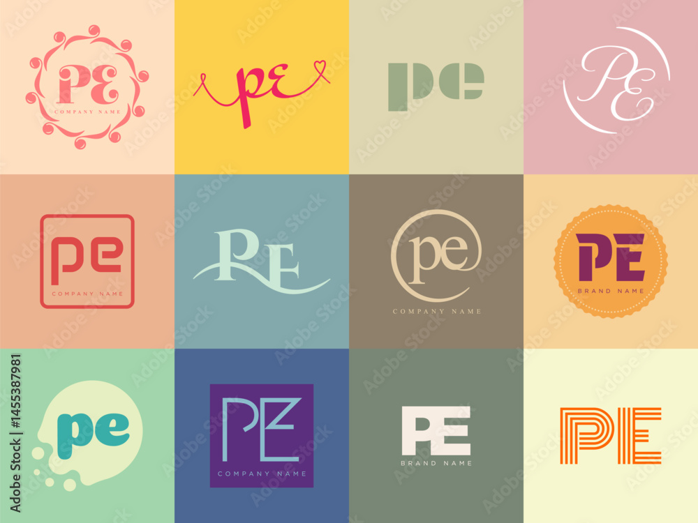 Fototapete PE logo company template. Letter p and e logotype. Set different classic serif lettering and modern bold text with design elements. Initial font typography.