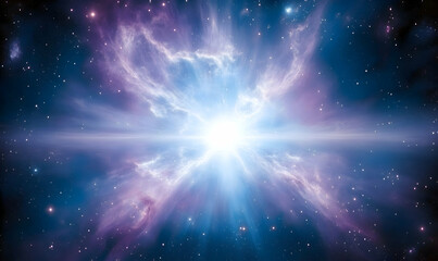 Obraz premium Stunning cosmic explosion; vibrant nebulae and starlight radiate outwards from a brilliant central light source, showcasing the power and beauty of the universe.